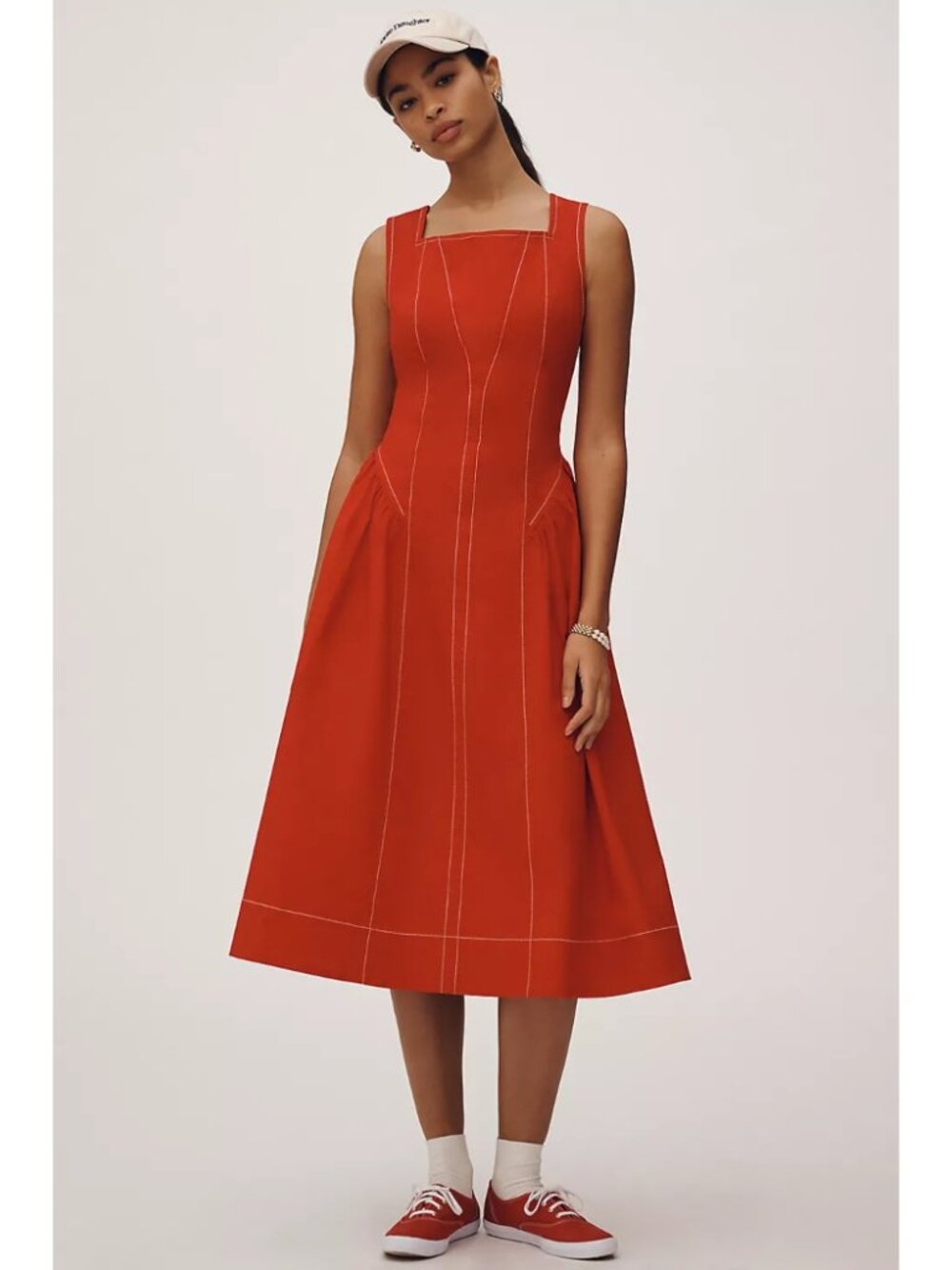 By Anthropologie High-Neck Seamed Midi Dress Red Square Neck Sleeveless Size XL